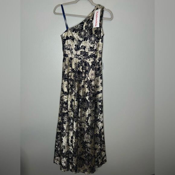 Betsy & Adam GWEN" LONG ONE SHOULDER WRAP FOIL FLOWER DRESS PETITE  NWT - Picture 6 of 9